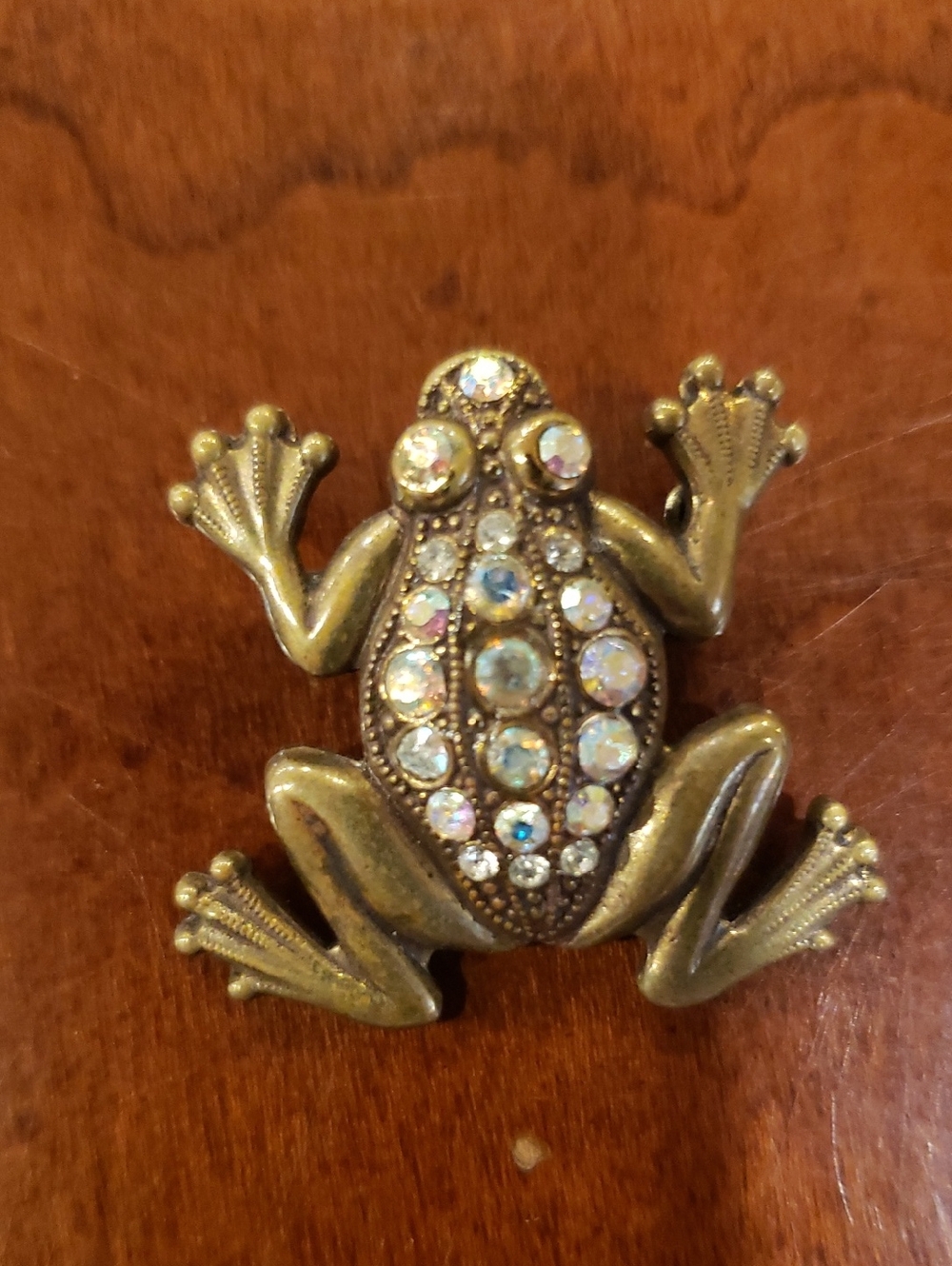 Vintage Gold Frog Brooch with Rhinestones